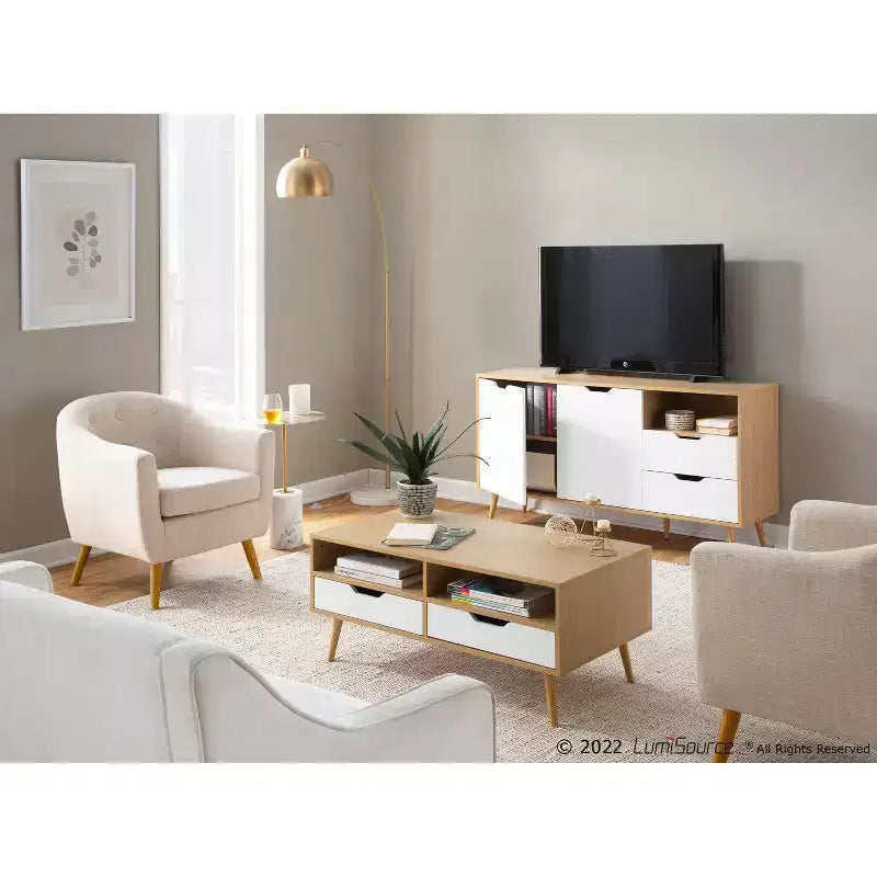 Tavolino Astro: Rettangolare Bianco Contemporaneo con Cassetti e Ripiani, Struttura in Legno Composito, Arredamento Soggiorno