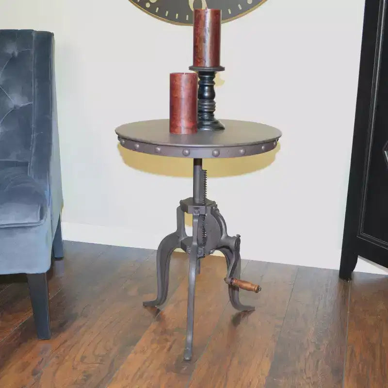 Carolina Living Tanvi Adjustable Crank Accent Table Industrial: 24" High, Round Metal, 18" Wide