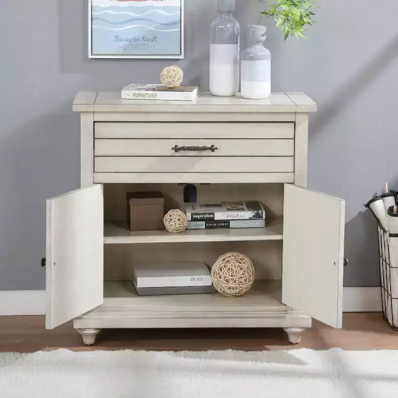 HOMES: Inside + Out Longo Hallway Cabinet Antique White: Birch Frame, Adjustable Shelves, Anti-Tip Hardware, Transitional Style