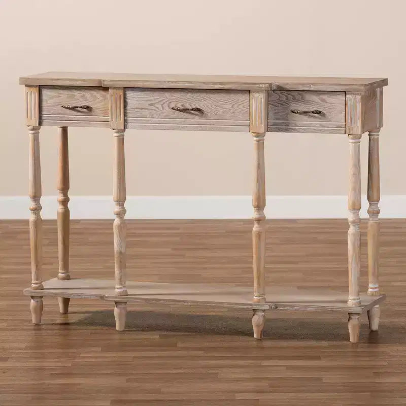 Hallan Wood Consolle 3 Cassetti Rovere Marrone - Baxton Studio: Sbiancato, Maniglie color Oro Antico, Ripiano Inferiore