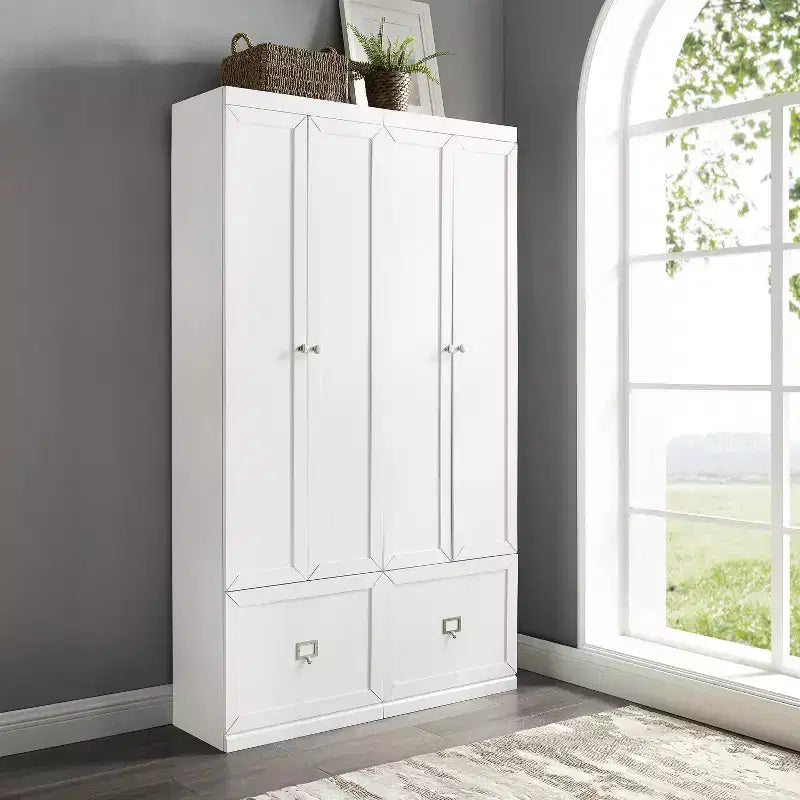 2pc Harper Entryway Pantry Closets White - Crosley: MDF Frame, Wood Veneer, 4 Doors, 2 Drawers, 6 Hooks, 74" Height