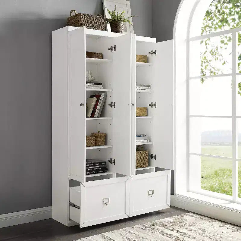 2pc Harper Entryway Pantry Closets White - Crosley: MDF Frame, Wood Veneer, 4 Doors, 2 Drawers, 6 Hooks, 74" Height