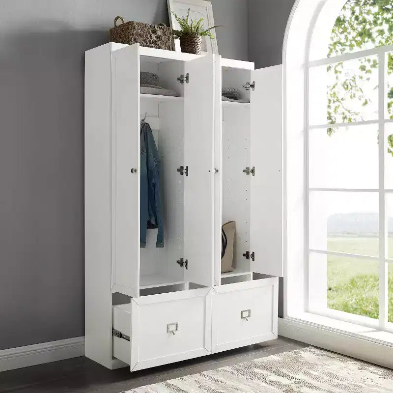 2pc Harper Entryway Pantry Closets White - Crosley: MDF Frame, Wood Veneer, 4 Doors, 2 Drawers, 6 Hooks, 74" Height