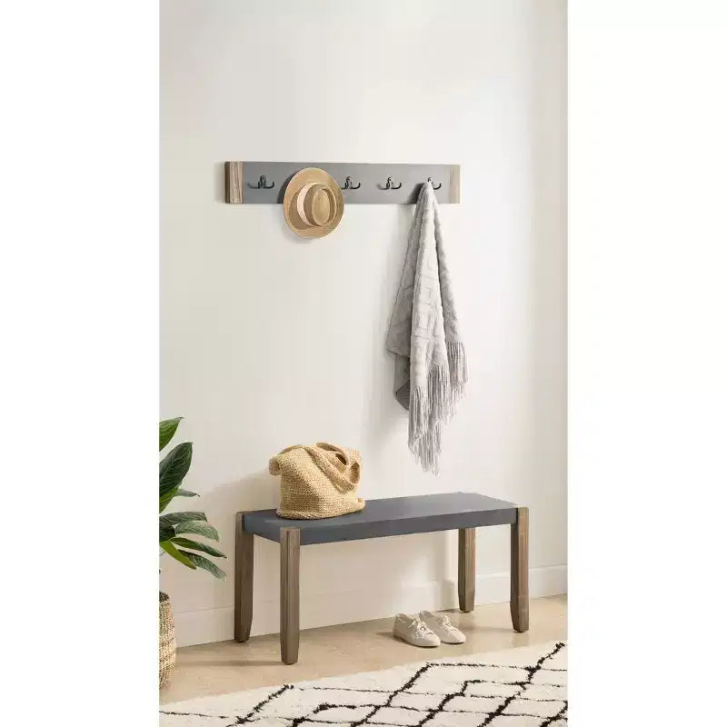 40" Davenport Coat Hook and Faux Concrete Bench Set Light Amber - Alaterre Furniture: Rustic Industrial, 5 Double Hooks