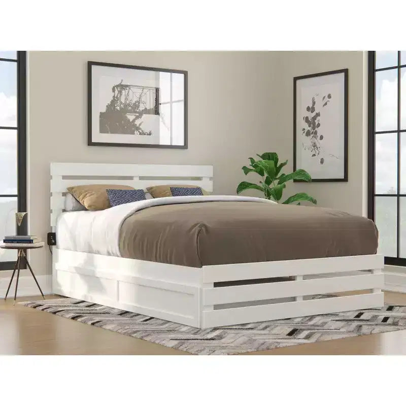 Queen Oxford Bed with Footboard, USB Charger & XL Trundle - AFI: Farmhouse Style, Hardwood Frame, Painted Finish, 800 lb Capacity