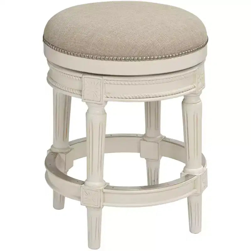 55 Downing Street Oliver Wood Swivel Bar Stool Distressed White 24 1/2 High Traditional Cream Round Cushion with Footrest for Kitchen Counter Island