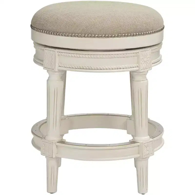 55 Downing Street Oliver Wood Swivel Bar Stool Distressed White 24 1/2 High Traditional Cream Round Cushion with Footrest for Kitchen Counter Island