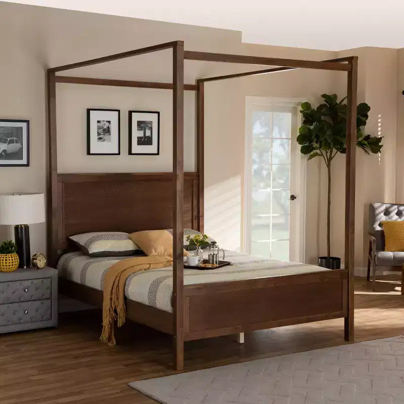 Veronica Walnut Finished Wood Platform Canopy Bed Walnut Brown - Baxton Studio