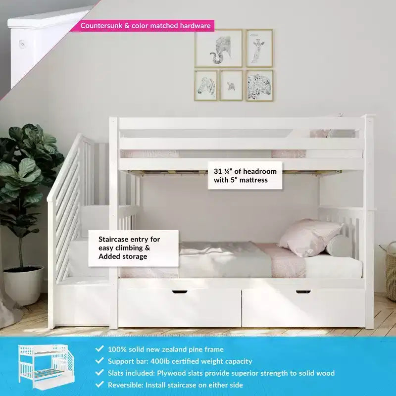 Max & Lily Twin over Twin Staircase Bunk Bed with Storage Drawers