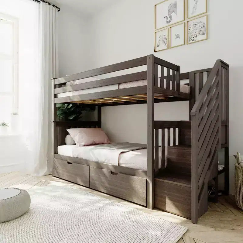 Max & Lily Twin over Twin Staircase Bunk Bed with Storage Drawers