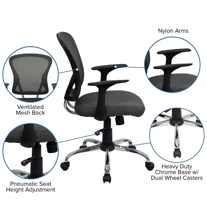 Sedia da ufficio girevole Flash Furniture con schienale medio in mesh, base e braccioli cromati