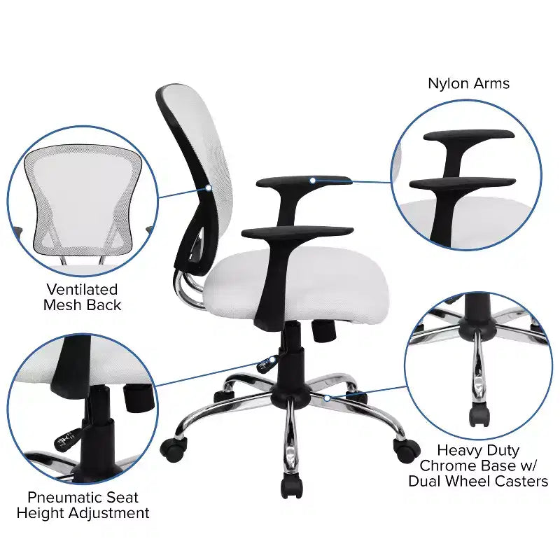 Sedia da ufficio girevole Flash Furniture con schienale medio in mesh, base e braccioli cromati