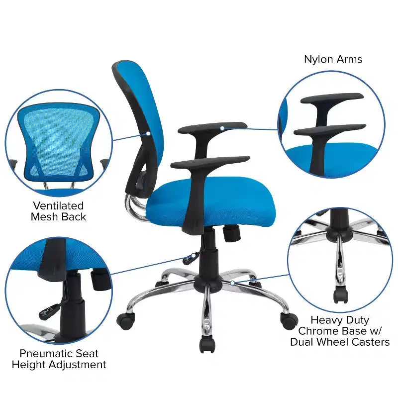 Sedia da ufficio girevole Flash Furniture con schienale medio in mesh, base e braccioli cromati