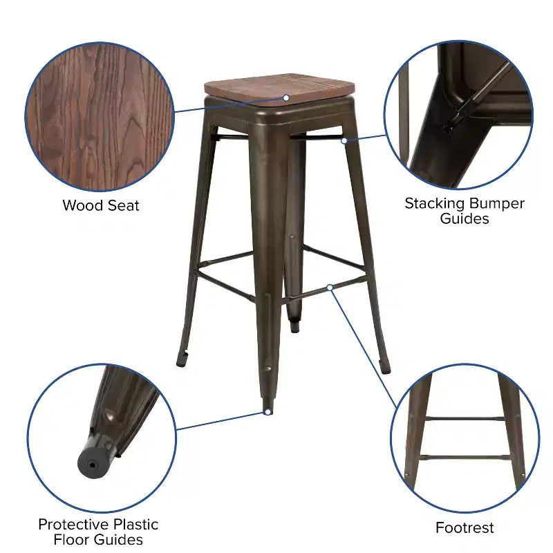Flash Furniture 30 High Metal Indoor Bar Stool with Wood Seat - Stackable Set of 4