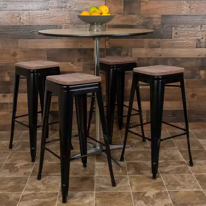 Flash Furniture 30 High Metal Indoor Bar Stool with Wood Seat - Stackable Set of 4