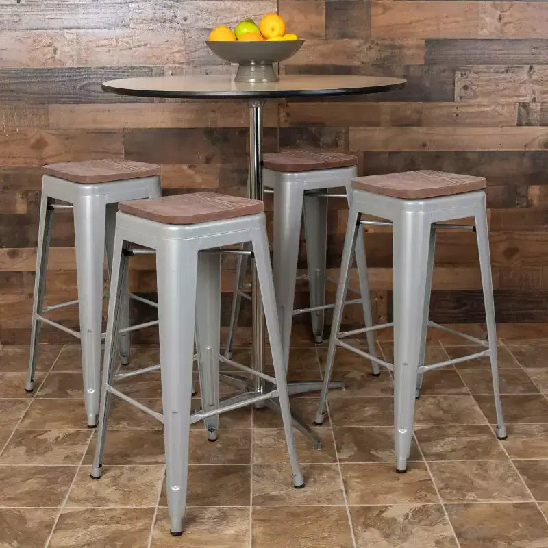 Flash Furniture 30 High Metal Indoor Bar Stool with Wood Seat - Stackable Set of 4