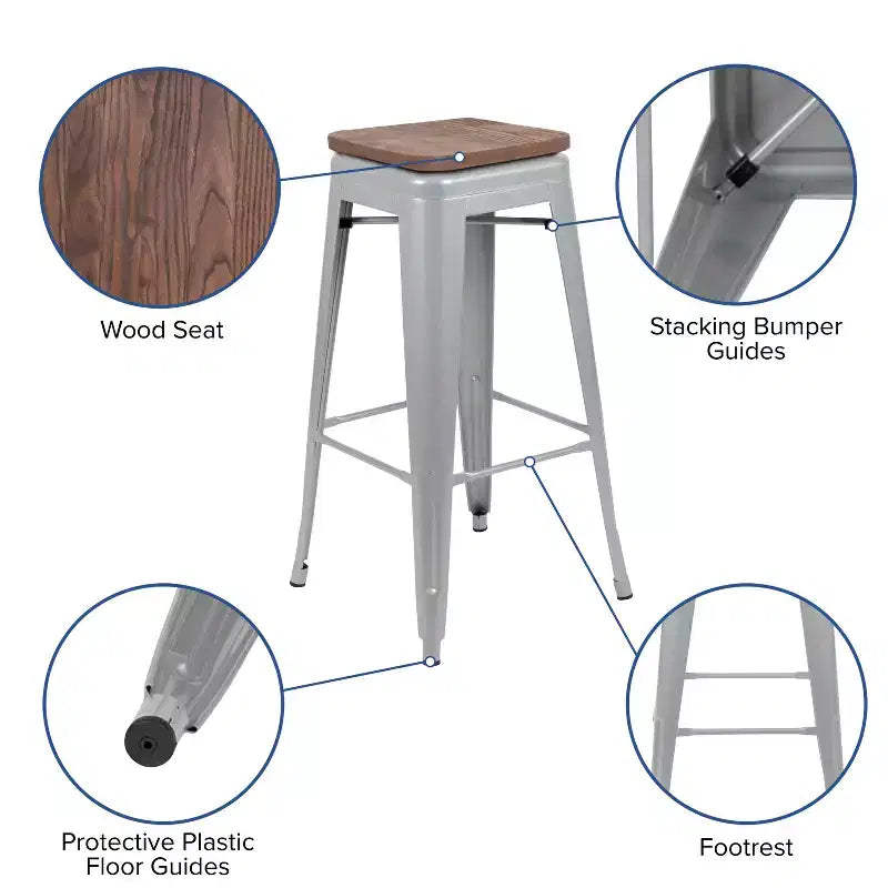 Flash Furniture 30 High Metal Indoor Bar Stool with Wood Seat - Stackable Set of 4
