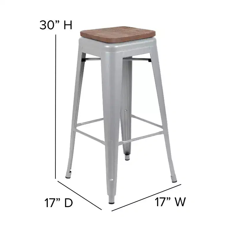 Flash Furniture 30 High Metal Indoor Bar Stool with Wood Seat - Stackable Set of 4