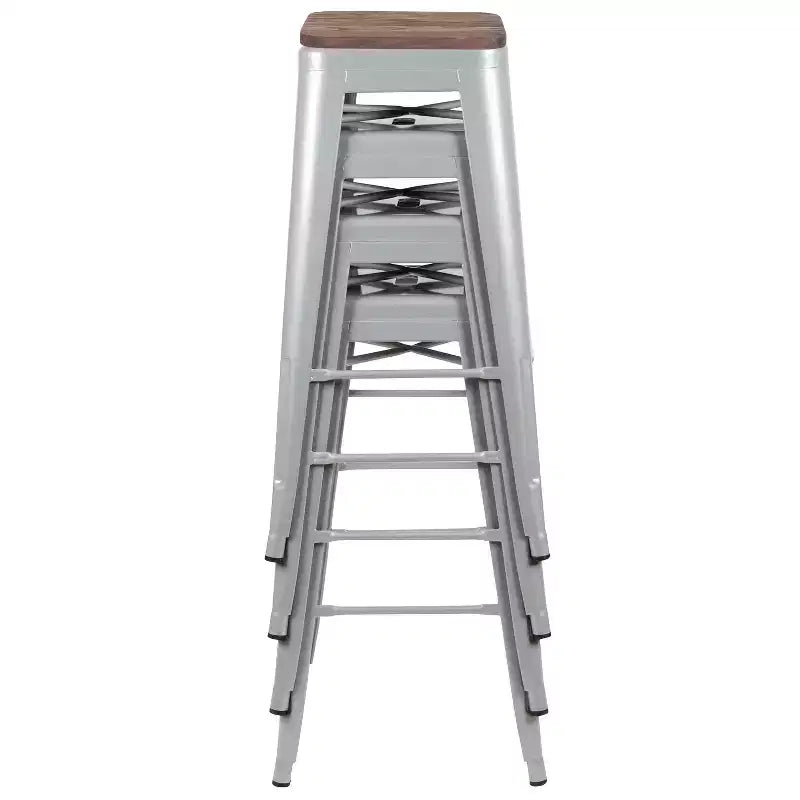 Flash Furniture 30 High Metal Indoor Bar Stool with Wood Seat - Stackable Set of 4