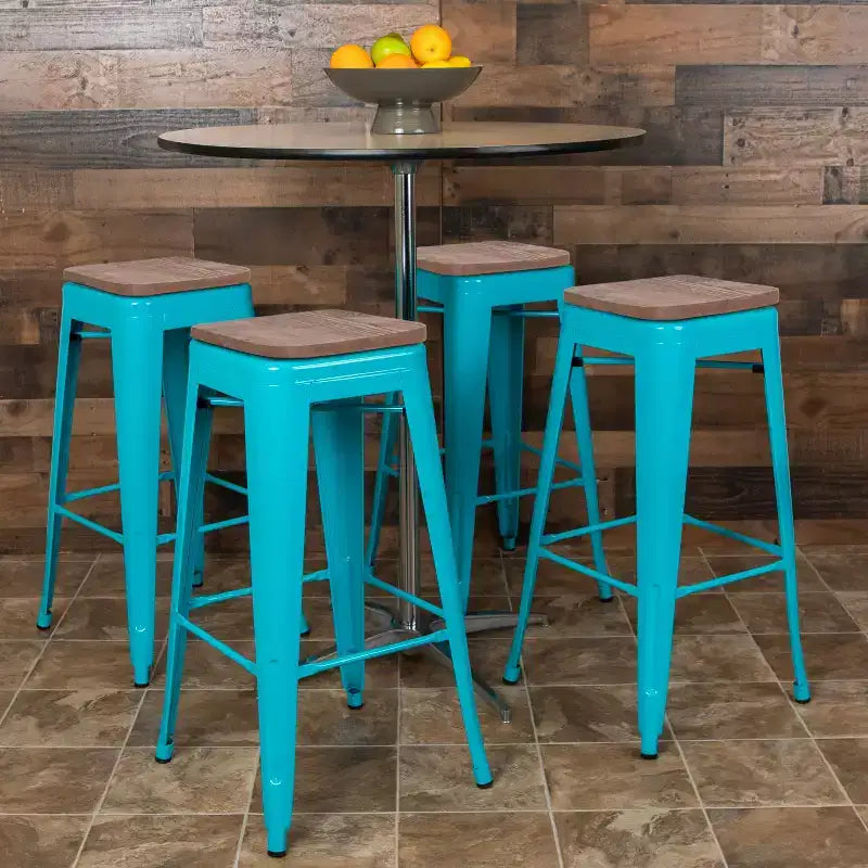 Flash Furniture 30 High Metal Indoor Bar Stool with Wood Seat - Stackable Set of 4