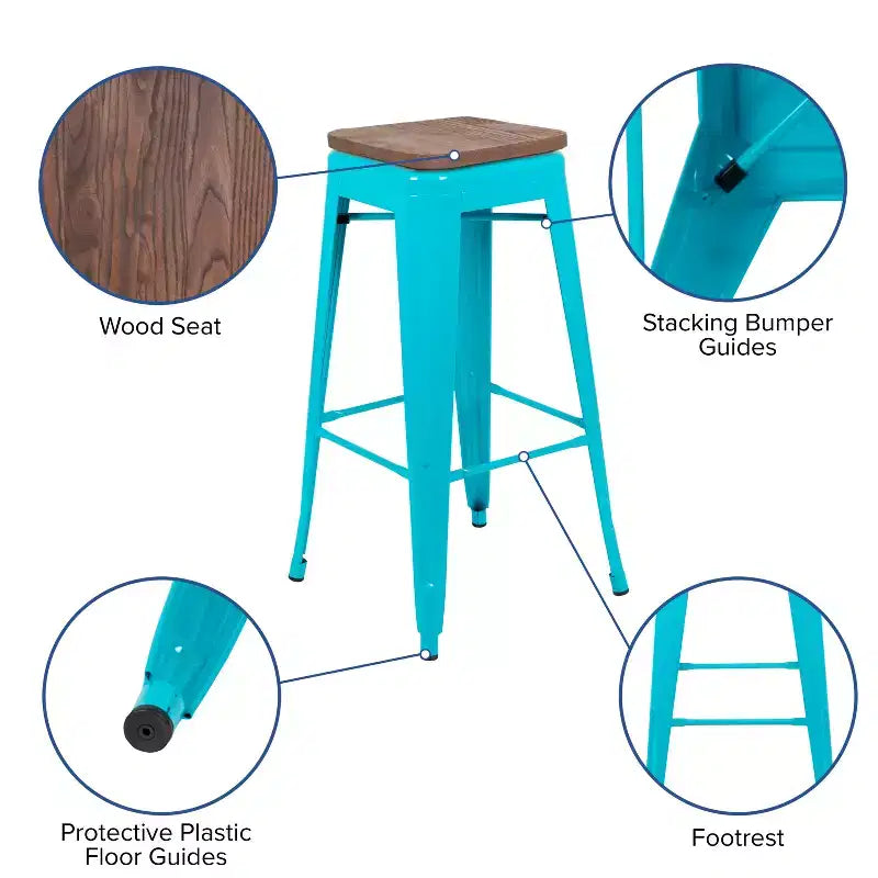 Flash Furniture 30 High Metal Indoor Bar Stool with Wood Seat - Stackable Set of 4