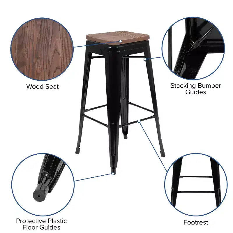 Flash Furniture 30 High Metal Indoor Bar Stool with Wood Seat - Stackable Set of 4