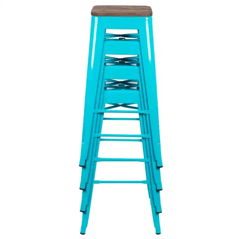 Flash Furniture 30 High Metal Indoor Bar Stool with Wood Seat - Stackable Set of 4