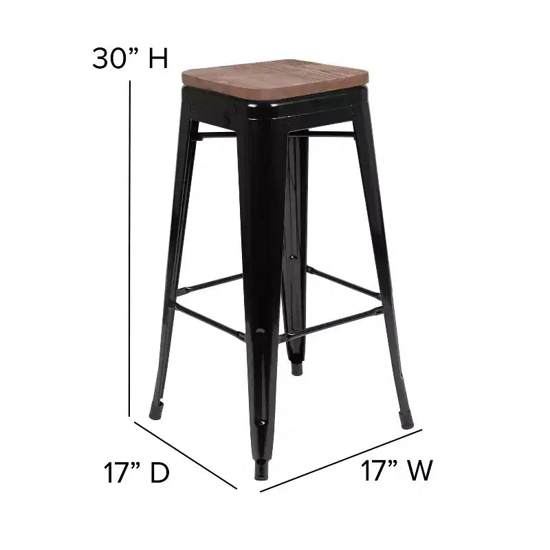 Flash Furniture 30 High Metal Indoor Bar Stool with Wood Seat - Stackable Set of 4