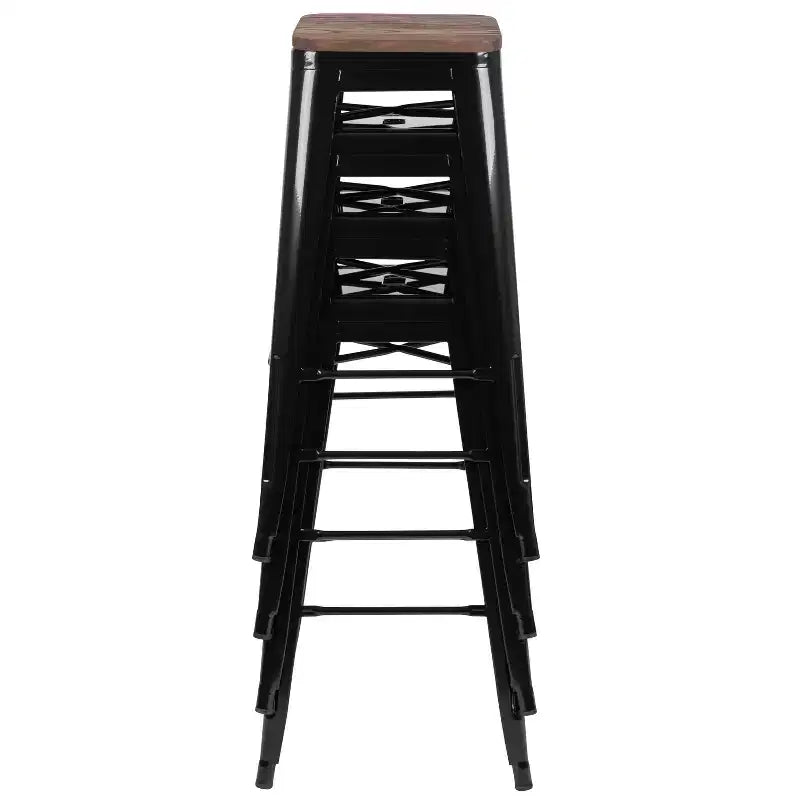 Flash Furniture 30 High Metal Indoor Bar Stool with Wood Seat - Stackable Set of 4