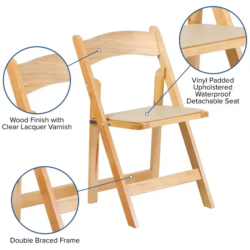 Emma and Oliver 2 Pack Wedding Party Event Wood Folding Chair with Vinyl Padded Seat