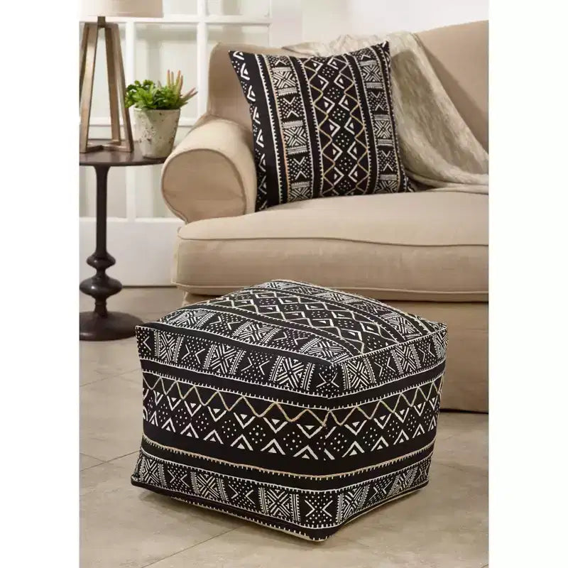 Saro Lifestyle Mudcloth Pouf, 20x20x14 Square, Black