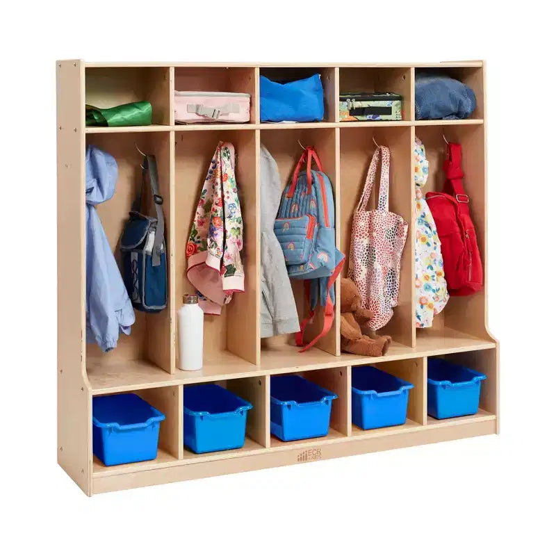 ECR4Kids Appendiabiti a 5 Scomparti con Panca e 5 Cesti Contenitori con Frontale a Paletta, Mobili per Bambini