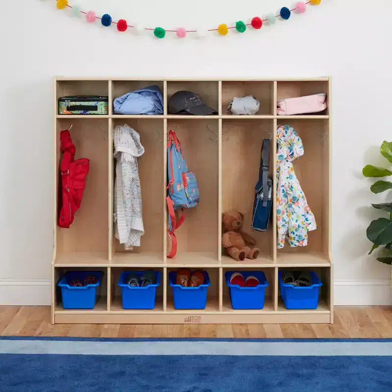 ECR4Kids Appendiabiti a 5 Scomparti con Panca e 5 Cesti Contenitori con Frontale a Paletta, Mobili per Bambini