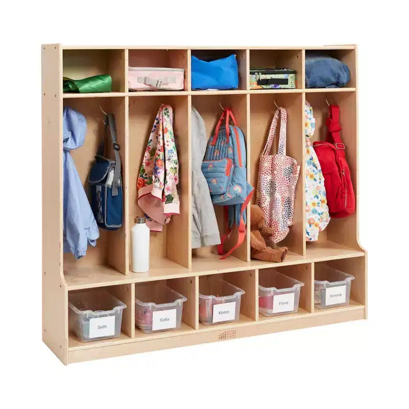 ECR4Kids Appendiabiti a 5 Scomparti con Panca e 5 Cesti Contenitori con Frontale a Paletta, Mobili per Bambini