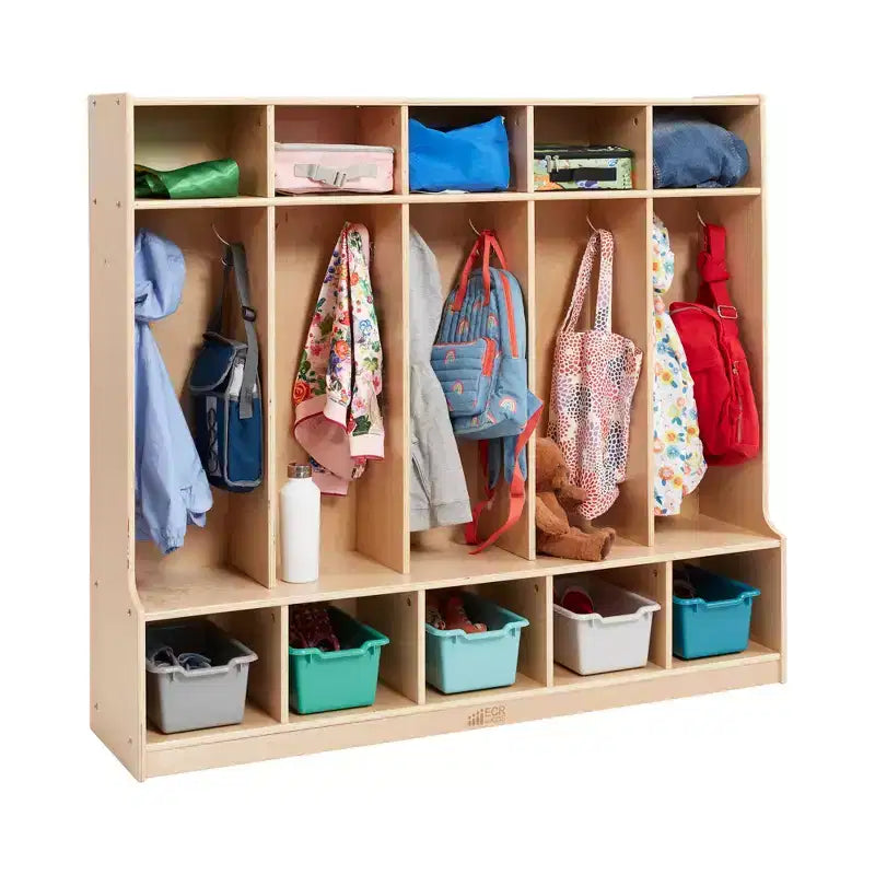 ECR4Kids Appendiabiti a 5 Scomparti con Panca e 5 Cesti Contenitori con Frontale a Paletta, Mobili per Bambini