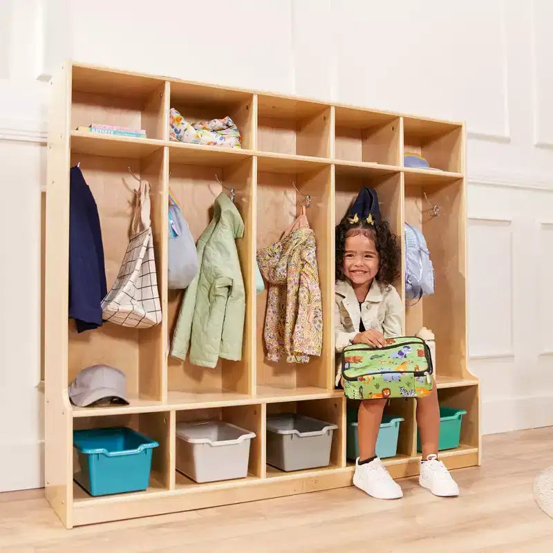 ECR4Kids Appendiabiti a 5 Scomparti con Panca e 5 Cesti Contenitori con Frontale a Paletta, Mobili per Bambini