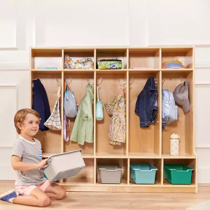 ECR4Kids Appendiabiti a 5 Scomparti con Panca e 5 Cesti Contenitori con Frontale a Paletta, Mobili per Bambini