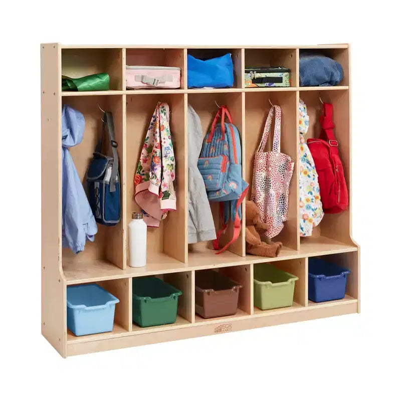 ECR4Kids Appendiabiti a 5 Scomparti con Panca e 5 Cesti Contenitori con Frontale a Paletta, Mobili per Bambini