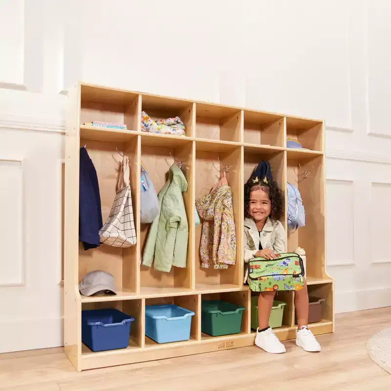 ECR4Kids Appendiabiti a 5 Scomparti con Panca e 5 Cesti Contenitori con Frontale a Paletta, Mobili per Bambini