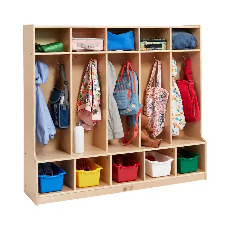 ECR4Kids Appendiabiti a 5 Scomparti con Panca e 5 Cesti Contenitori con Frontale a Paletta, Mobili per Bambini