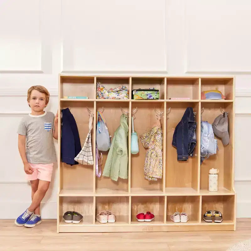 ECR4Kids Appendiabiti a 5 Scomparti con Panca e 5 Cesti Contenitori con Frontale a Paletta, Mobili per Bambini