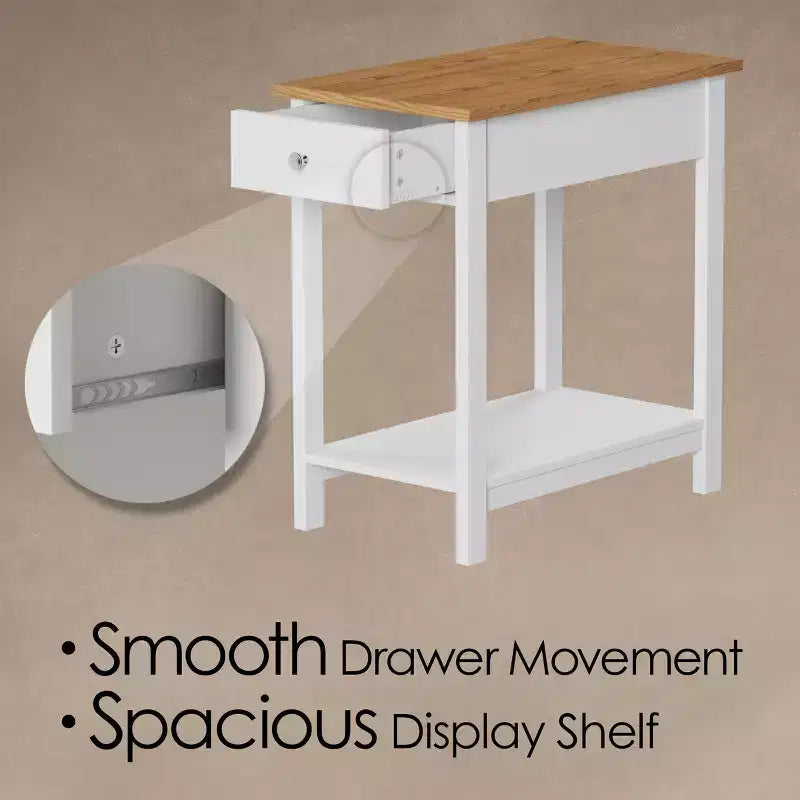 Hastings Home Narrow Side Table With Drawer and Storage Shelf - White/Honey Oak