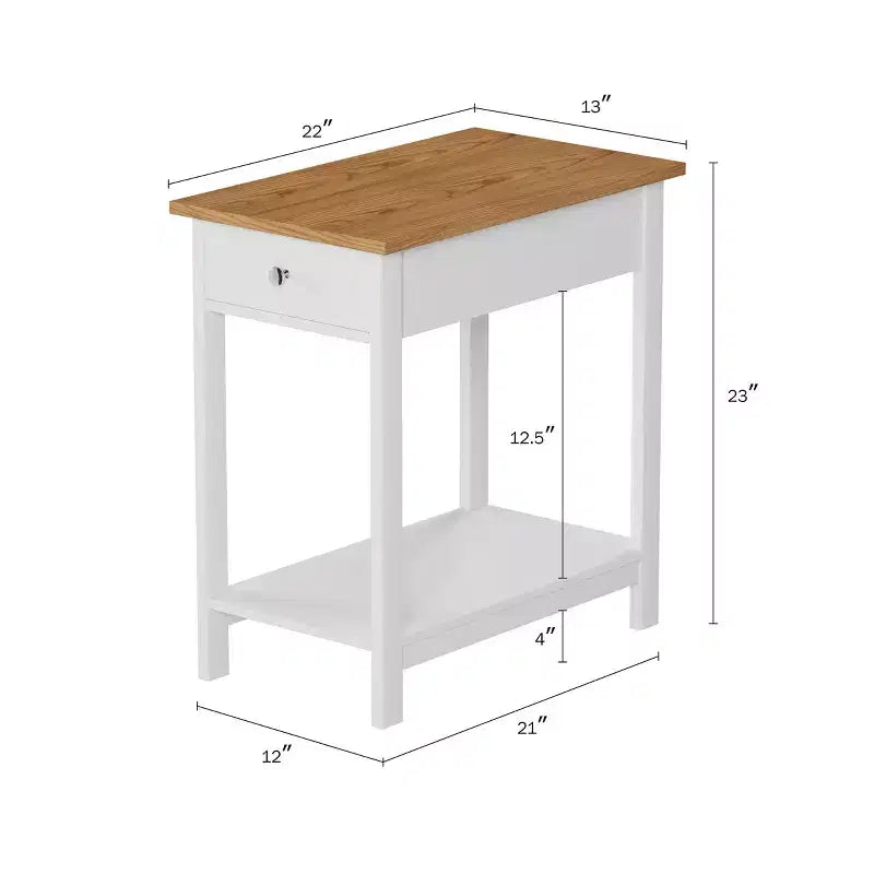 Hastings Home Narrow Side Table With Drawer and Storage Shelf - White/Honey Oak