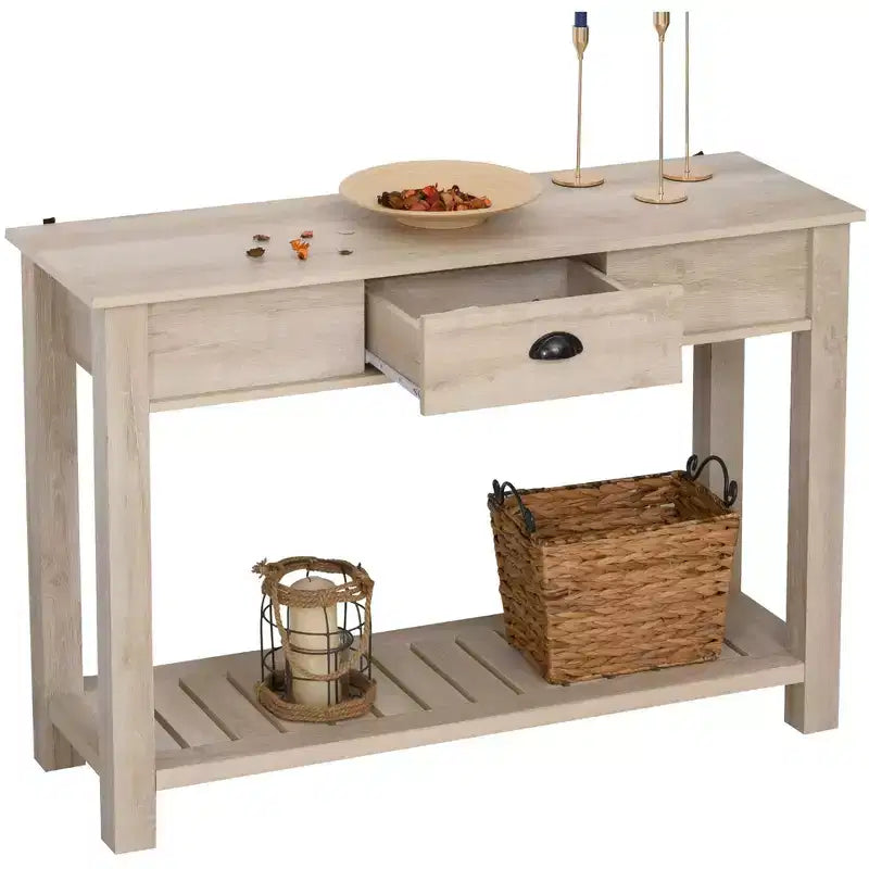 HOMCOM Console Side Entryway Table with Storage Drawer, Bottom Shelf, and Strong Sturdy Construction, White Oak