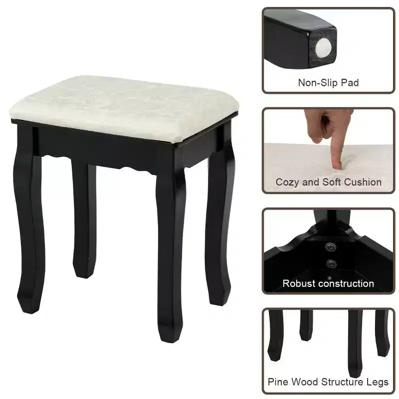 Set toeletta illuminata nera con specchio, 3 cassetti e sgabello, per 1 persona