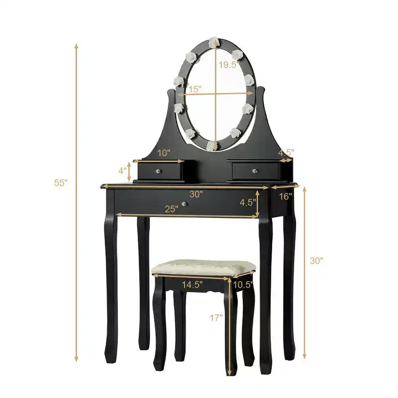 Set toeletta illuminata nera con specchio, 3 cassetti e sgabello, per 1 persona