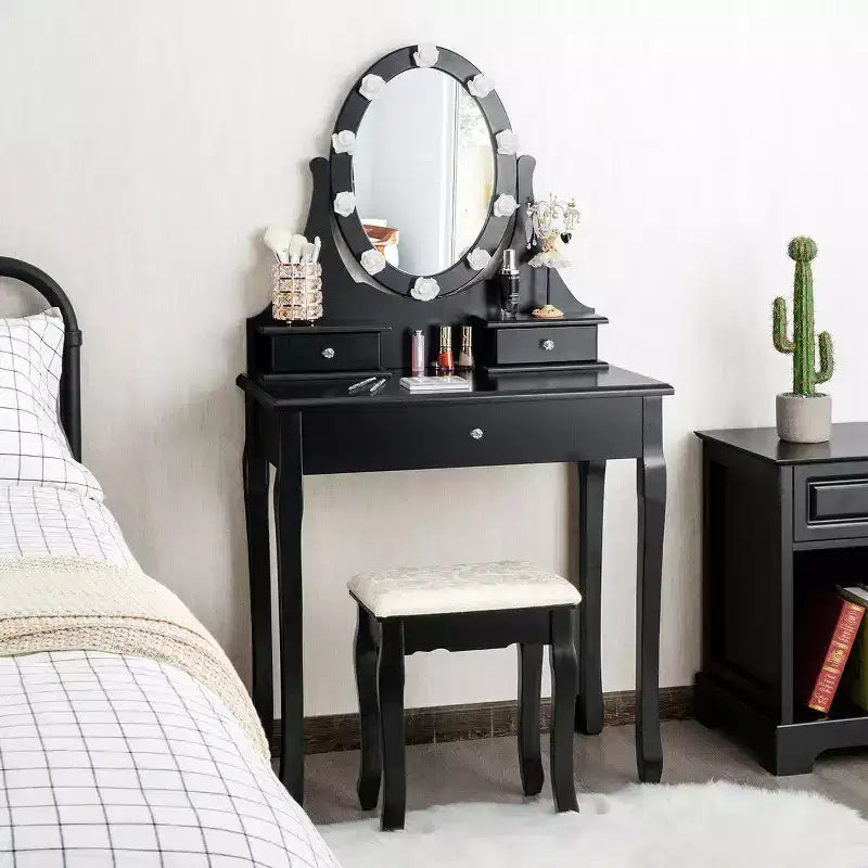 Set toeletta illuminata nera con specchio, 3 cassetti e sgabello, per 1 persona
