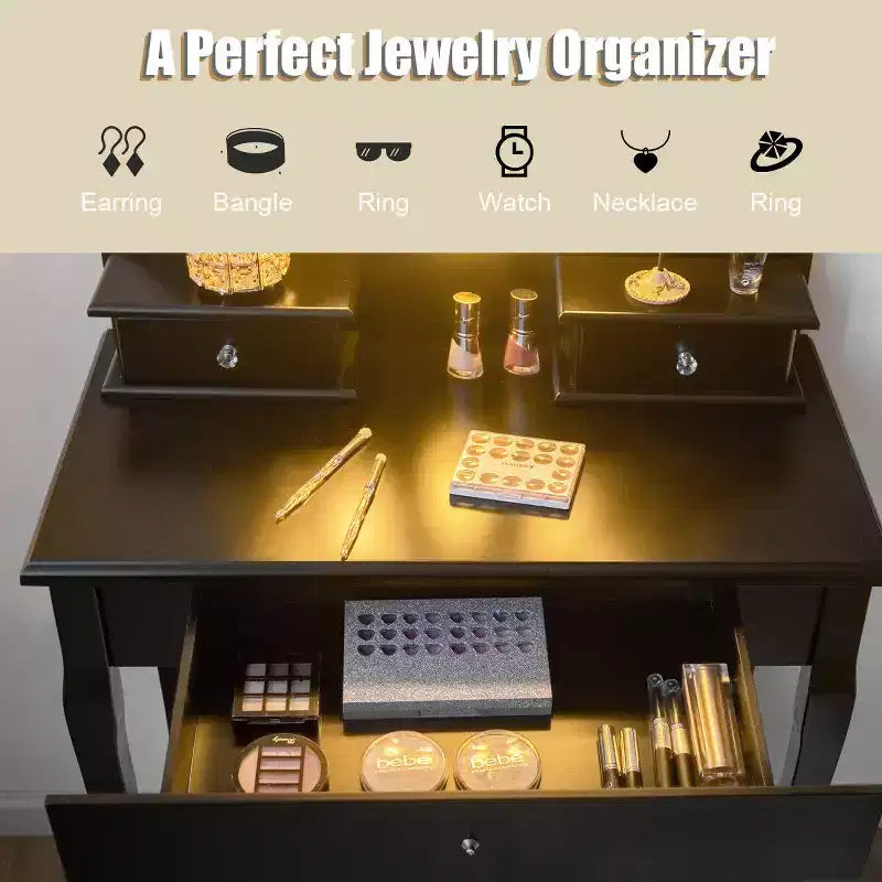 Set toeletta illuminata nera con specchio, 3 cassetti e sgabello, per 1 persona