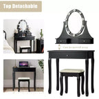 Set toeletta illuminata nera con specchio, 3 cassetti e sgabello, per 1 persona