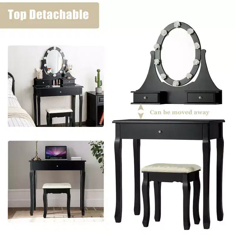 Set toeletta illuminata nera con specchio, 3 cassetti e sgabello, per 1 persona